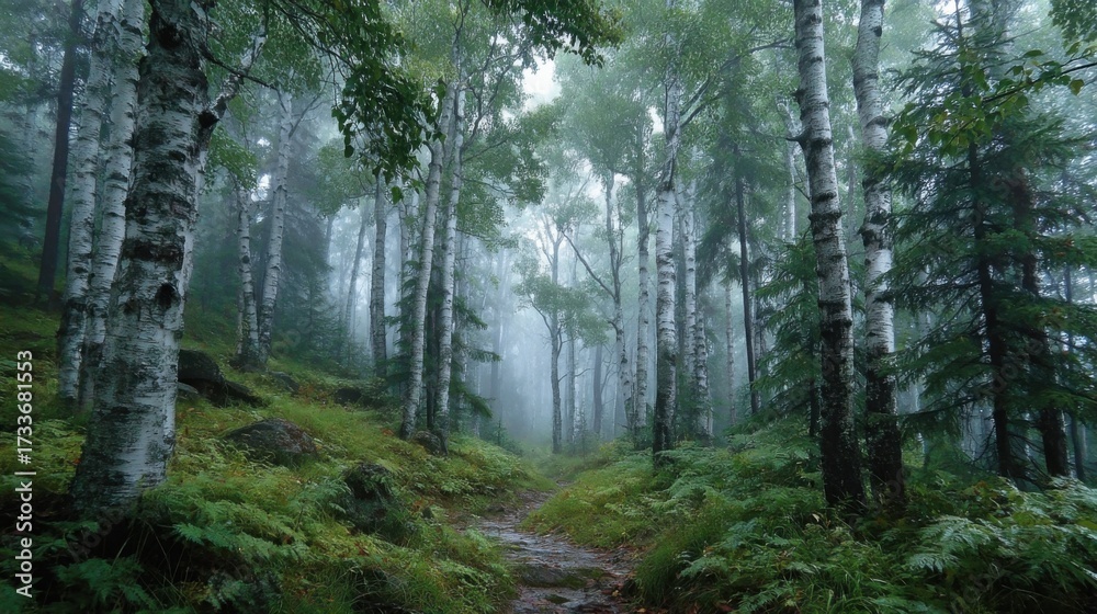 Fototapeta premium Misty forest scene with a winding path through lush green vegetation, leading to distant trees shrouded in fog,