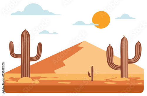 Desert landscape with cactuses, sun, sand, and clouds