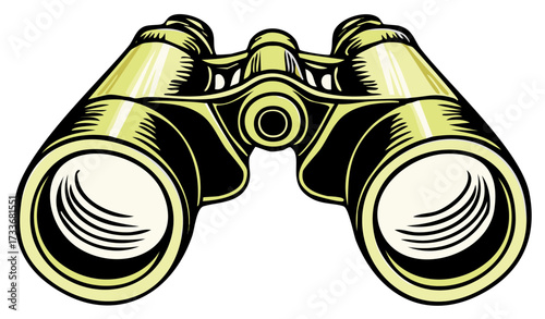Close up of gold binoculars showing the lenses for distance viewing, exploring, travel, or spying in an illustration style