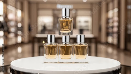 Elegant display of four luxury perfume bottles with golden liquid and silver caps, arranged pyramid-style on a white stand in a softly blurred bout...