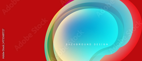 Abstract vibrant layers create flowing shapes. Red background contrasts with blue, green hues. Modern design element.