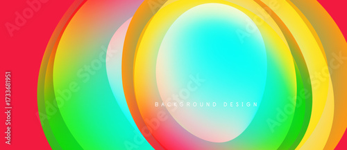 Abstract colorful circles overlap creating dynamic visual effect. Bright gradients blend smoothly, forming modern background design.
