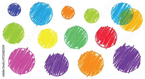 Vibrant collection of hand-drawn scribbled circles in an array of bright colors, creating a playful and artistic background element or versatile design accent