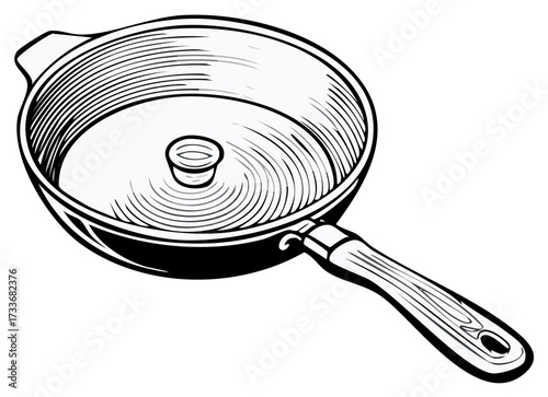 Hand drawn illustration of frying pan with lid, sketch drawing of cookware for food preparation, kitchenware utensils