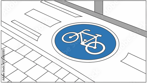Bicycle Lane Sign and Crosswalk on Urban Road - Vector Illustration for City Cycling and Pedestrian Safety