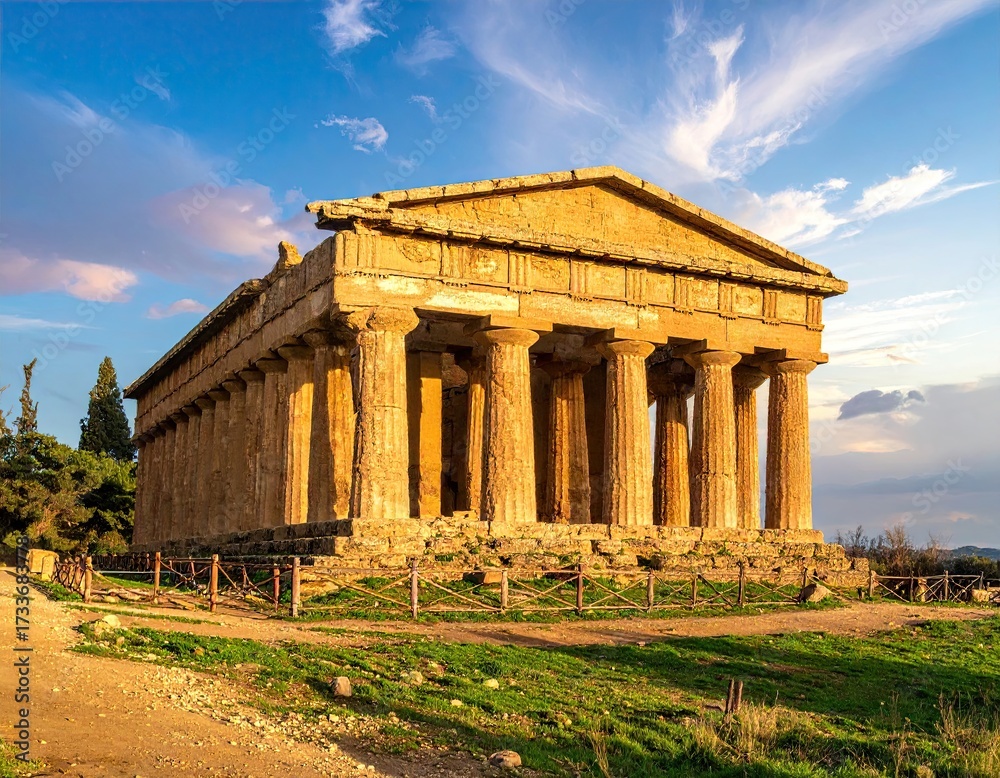 Fototapeta premium Ancient Greek Temple Ruins Lit by Golden Sunlight with Grass Field Under a Blue Sky with Fluffy Clouds Landscape