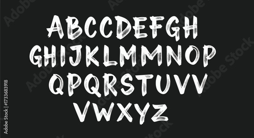 Hand-drawn uppercase English alphabet with a white chalk or brush stroke effect on a dark background.