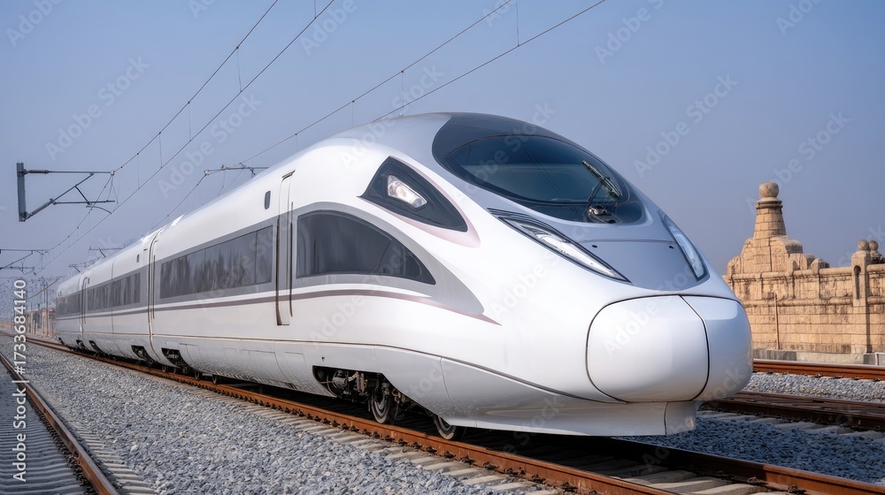 Naklejka premium High-speed train traveling through a sunny landscape near historic monuments in India