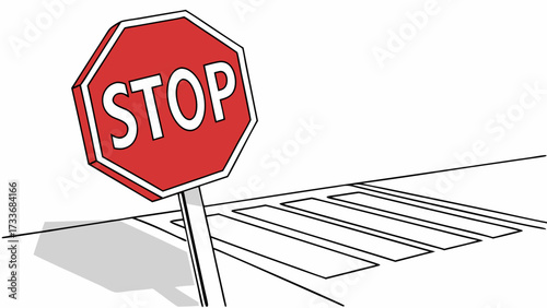 Vibrant Red Stop Sign and Crosswalk Sketch Illustration on White Background, Road Safety Concept