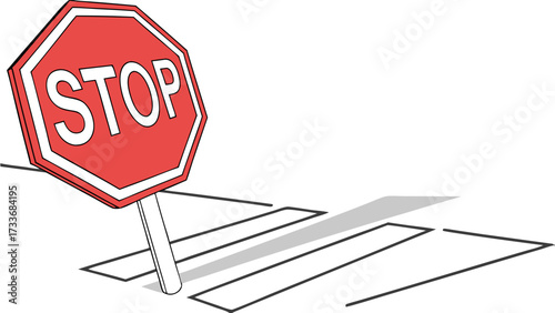Vibrant Red Stop Sign Illustration with Shadow on Sketched Crosswalk, Symbolizing Traffic Safety and Caution