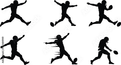 American football player kicking silhouette, sports action pose, football kick sequence, athletic motion, helmet uniform, dynamic movement, training concept, black background