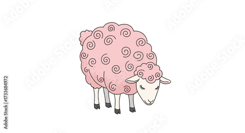 A cute cartoon drawing of a pink sheep with swirling patterns on its wool.