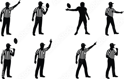 American football referee silhouette, hand signal illustration, sports official gesture, player with ball, black and white pose, game communication art