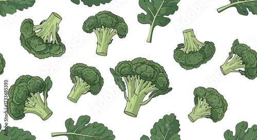 A seamless pattern of fresh green broccoli florets and leaves scattered on a white background, rendered in a detailed, vintage illustration style.