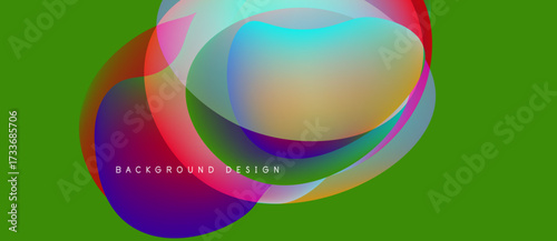 Abstract colorful shapes overlap vibrant green backdrop. Modern design features flowing forms, gradients, text reads background design.
