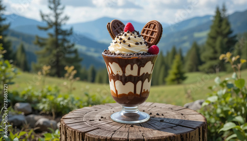 Delicious chocolate parfait topped with whipped cream, berries, and cookies in scenic mountain setting.
