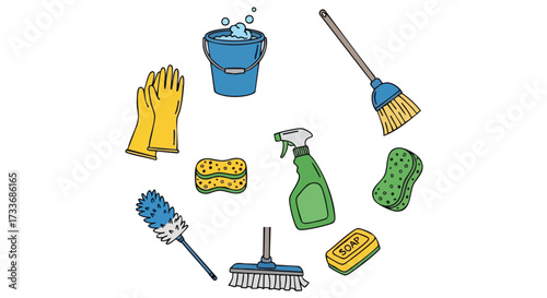 Illustration of cleaning supplies arranged in a circle on a white background.