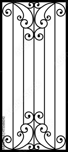 Wrought iron fence with classic scrollwork. Ornate metalwork design. Abstract geometric patterns seamless.