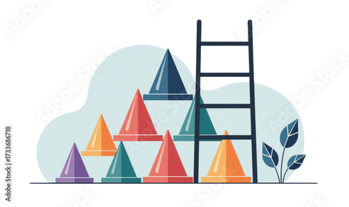 Colorful geometric shapes and a ladder in a playful arrangement on a light background 