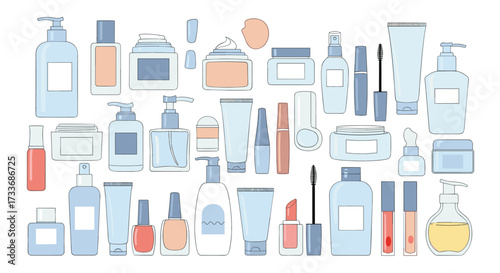 A comprehensive collection of cosmetic products including creams lotions and makeup displayed in a visually appealing assortment.