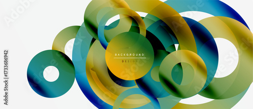 Abstract colorful shapes overlap, creating dynamic visual effect. Gradient hues blend smoothly, forming modern design element.