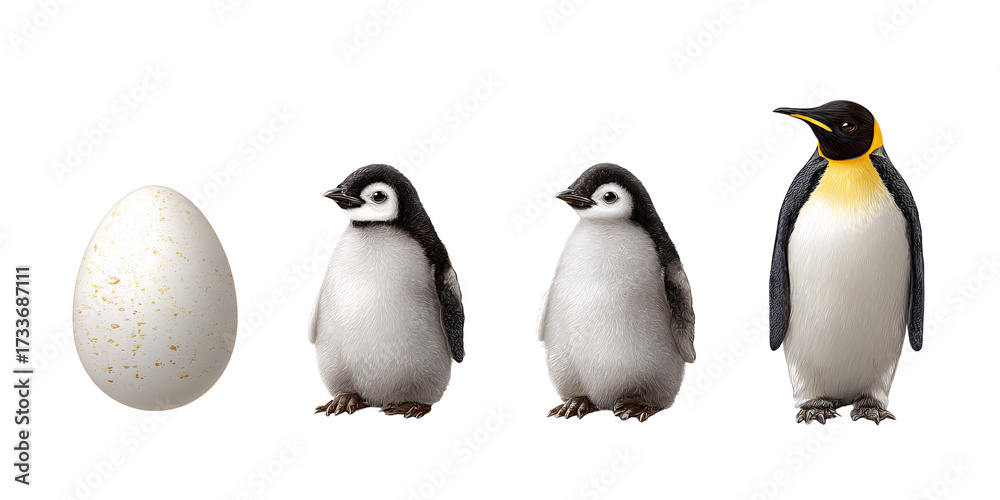 Obraz premium Emperor penguin life cycle showing egg, chick, and adult stages against a black background Concept of animal development, wildlife, and antarctic nature