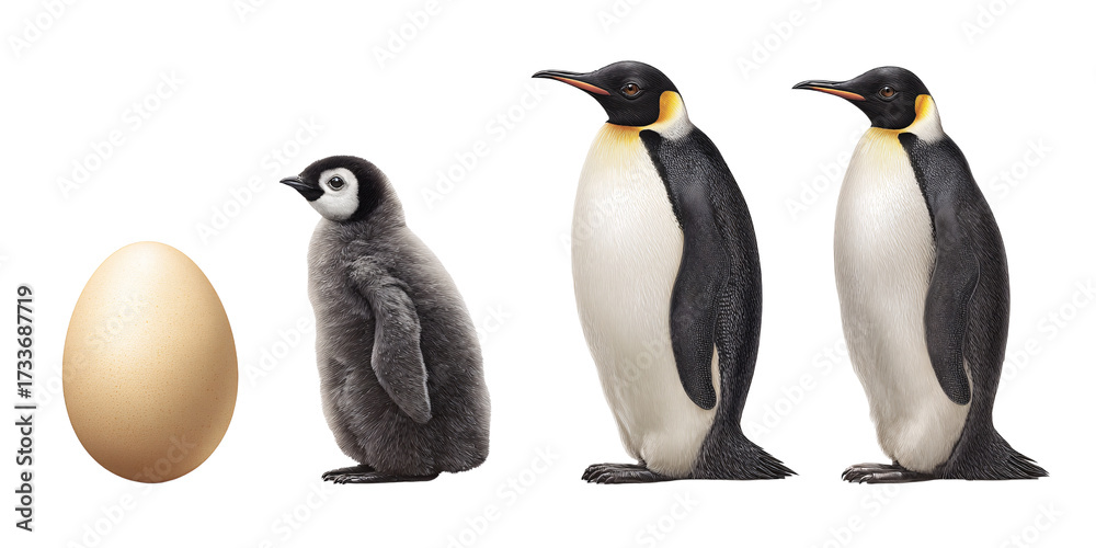 Obraz premium Emperor penguin life cycle showing egg, chick, and adult penguins on a black background Concept of animal development, wildlife, and antarctic nature