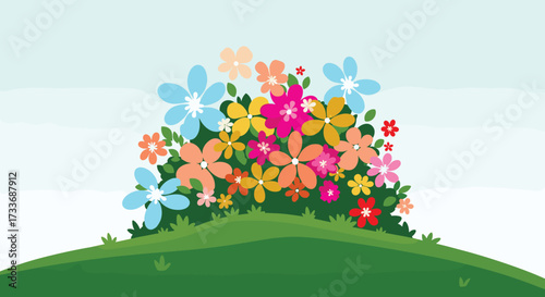 A vibrant and colorful bouquet of flowers blooming on a grassy hill.