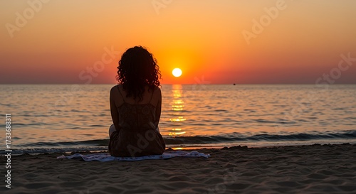 Silhouette of person watching sunset over ocean water at sandy beach horizon