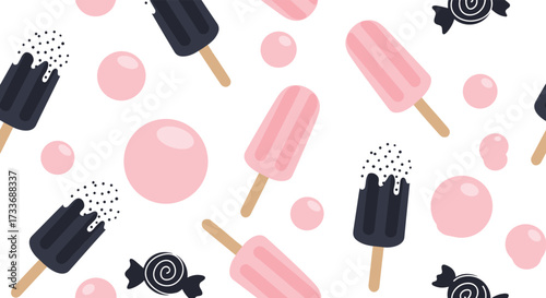 A whimsical collection of sweet treats featuring pink bubblegum and ice cream popsicles on a white background.