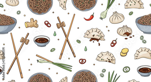 Seamless pattern of hand-drawn Asian food including noodles, dumplings, chopsticks, and spices on a white background.
