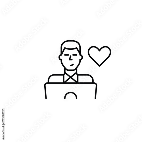 Man working at laptop and heart. Customer support, remote user care. Pixel perfect, editable stroke vector icon