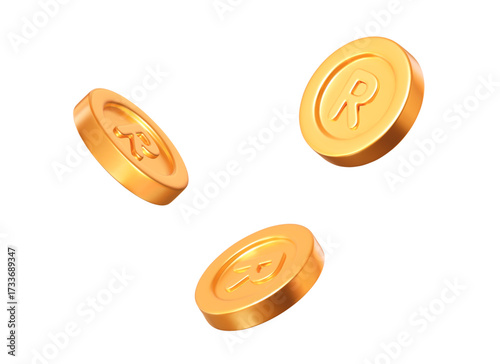 3d flying South African Rands golden coins with different angles. Stock vector illustration on isolated background.	