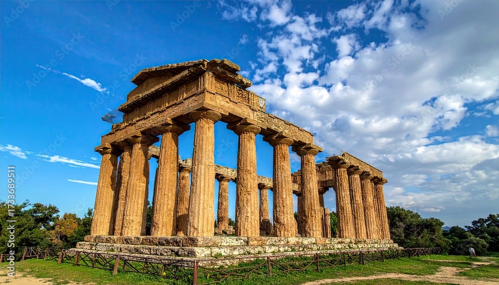 Fototapeta premium Ancient Stone Temple Ruins Under Blue Sky with White Clouds in Italy