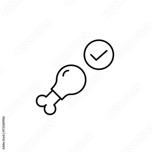 Chicken drumstick and checkmark. Approved food quality, certified groceries. Pixel perfect, editable stroke vector icon