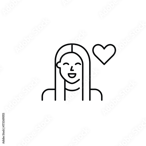 Young smiling woman and heart. Customer support, remote user care. Pixel perfect, editable stroke vector icon