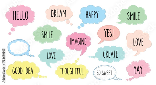 Colorful speech bubbles with positive words and phrases, expressing emotions and ideas.