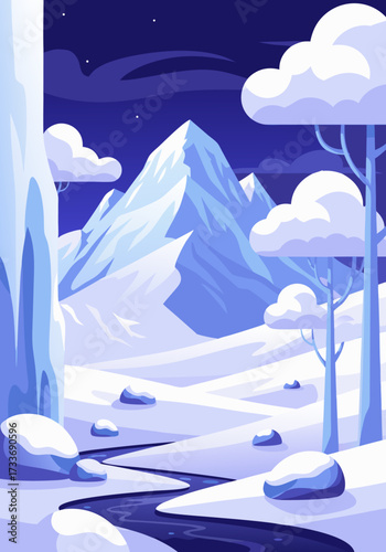 Serene winter landscape at night with snow-covered mountains and a winding river, offering generous copy space for a background design