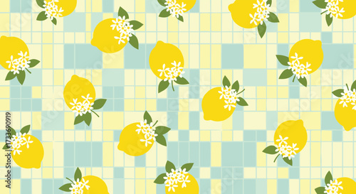 A bright and cheerful pattern featuring yellow lemons with white blossoms and green leaves on a pastel checkered background.