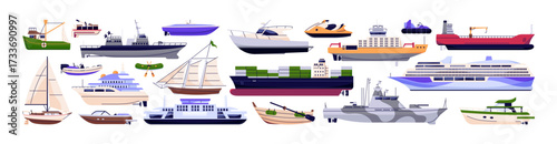 Set of different types of vessels. Big cargo ships with containers, small inflatable boats, sailboats, cruise liners, yachts and ferry tankers. Flat isolated vector illustrations on white background