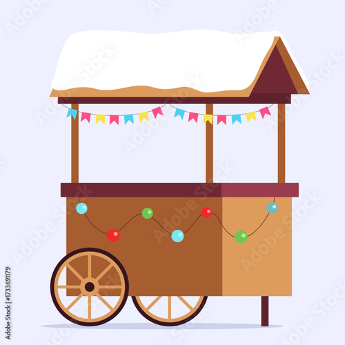 Empty Christmas market cart with wooden wheels and snow covered roof. Decorated with colorful flags and festive string lights. Winter fair scene. Flat vector illustration.