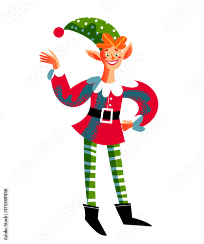 Christmas elf with green striped leggings and red outfit. Smiling character waving hand, wearing green polka dot hat with pompom and black belt. Playful holiday design. Flat vector illustration.