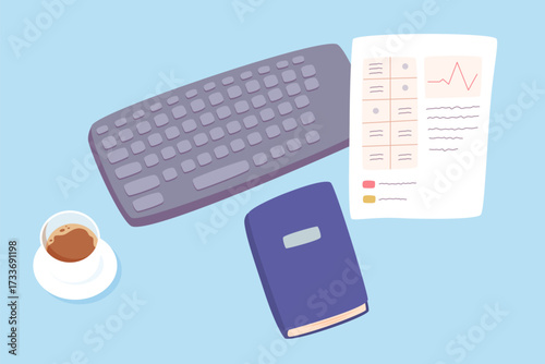 Top view of computer keyboard, document with chart, open book and hot coffee in cup on blue office desk. Business workspace concept. Cartoon vector illustration.