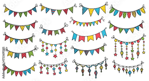 Collection of colorful hand-drawn bunting flags, perfect for festive decorations and celebrations.