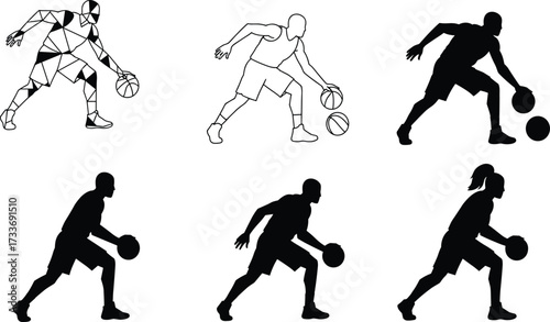 Basketball player silhouettes dribbling ball, black and white sport action poses, athlete shadow training, fitness graphic design, competitive movement illustration
