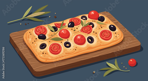 Delicious Italian focaccia bread topped with fresh tomatoes olives and aromatic herbs.