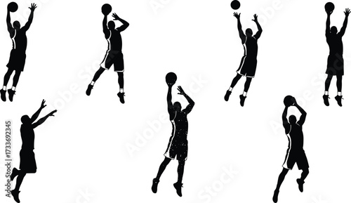 Basketball, jump shot, silhouette, shooting motion, athlete, sports training, form technique, basketball player, action pose, mid-air release, follow-through, coaching, physical education