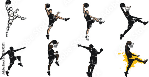 Basketball player silhouettes dunking ball, sport jump action illustration, athlete shadow slam dunk, competitive game movement, fitness training design graphic art