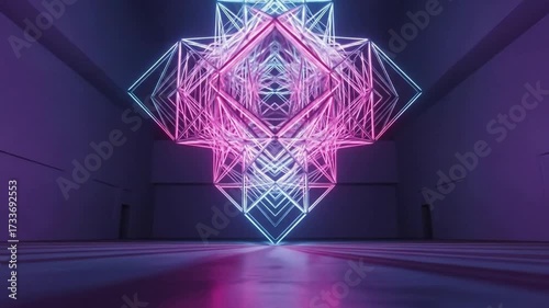 Abstract Geometric Sculpture Glowing with Neon Light in Dark Room