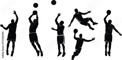 Basketball, silhouette, athlete, dunk, jump, shooting, motion, action pose, sports training, dynamic movement, gameplay, intensity, skill, coaching, physical education, basketball player